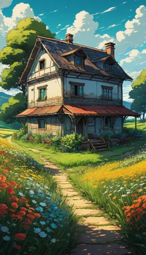 studio ghibli,lonely house,home landscape,little house,farmhouse,summer cottage,farm house,dandelion hall,country cottage,violet evergarden,small house,old home,homestead,blooming field,country house,summer meadow,farmstead,clover meadow,ancient house,cottage,Illustration,Realistic Fantasy,Realistic Fantasy 23