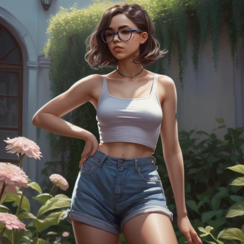 girl in flowers,digital painting,rosa ' amber cover,summer background,portrait background,girl picking flowers,flower background,spring background,world digital painting,girl in the garden,springtime background,floral,floral background,girl portrait,background ivy,fantasy portrait,flora,pollen panties,summer flower,jean shorts,Conceptual Art,Fantasy,Fantasy 01