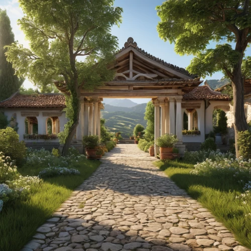 pergola,roman villa,artemis temple,pompeii,home landscape,zen garden,tuscan,sake gardens,greek temple,pathway,the mystical path,ancient house,japanese zen garden,towards the garden,ephesus,violet evergarden,background with stones,landscape background,garden buildings,ancient city,Photography,General,Realistic