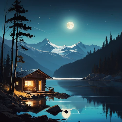 the cabin in the mountains,small cabin,moonlit night,landscape background,world digital painting,evening lake,night scene,log cabin,tranquility,summer cottage,mountain lake,moonlight,beautiful lake,log home,home landscape,cottage,moonlit,mountainlake,peaceful,house with lake,Conceptual Art,Fantasy,Fantasy 06