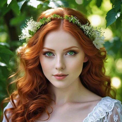 celtic woman,redheads,redhead doll,red-haired,poison ivy,beautiful girl with flowers,redhair,redhead,red head,faery,spring crown,faerie,redheaded,fairy queen,romantic portrait,celtic queen,fae,young woman,green wreath,red hair,Photography,General,Realistic