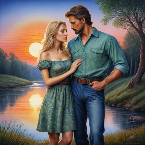shepherd romance,romance novel,romantic portrait,romantic scene,country-western dance,fantasy picture,jessamine,beautiful couple,love in the mist,young couple,southern belle,the blonde in the river,loving couple sunrise,a fairy tale,idyll,landscape background,adam and eve,amorous,serenade,garden of eden,Illustration,Realistic Fantasy,Realistic Fantasy 26