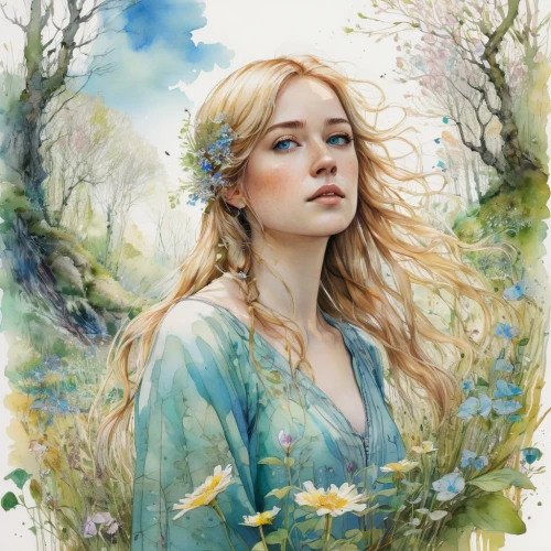 girl in flowers,jessamine,fantasy portrait,watercolor painting,faery,faerie,watercolor,mystical portrait of a girl,watercolor pencils,meadow,watercolor background,watercolor paint,fairy queen,fae,elven,fantasy art,beautiful girl with flowers,flower fairy,girl in the garden,boho art,Illustration,Paper based,Paper Based 13