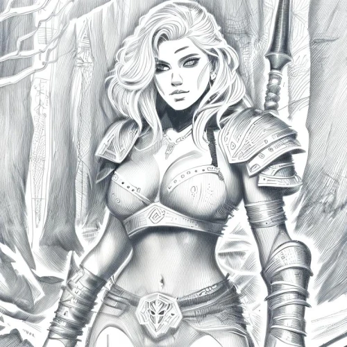 female warrior,fantasy woman,ice queen,breastplate,fantasy warrior,warrior woman,huntress,fantasy portrait,cuirass,gara,paladin,dark elf,swordswoman,barbarian,greyskull,fantasy art,celtic queen,mara,venera,wood elf,Design Sketch,Design Sketch,Character Sketch