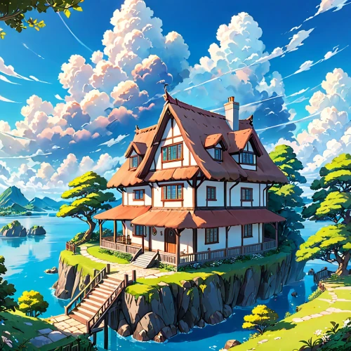 house with lake,house by the water,studio ghibli,fisherman's house,house in mountains,summer cottage,little house,house in the mountains,cottage,wooden house,home landscape,lonely house,house of the sea,crooked house,beautiful home,houseboat,roof landscape,small house,flying island,treasure house,Anime,Anime,Traditional