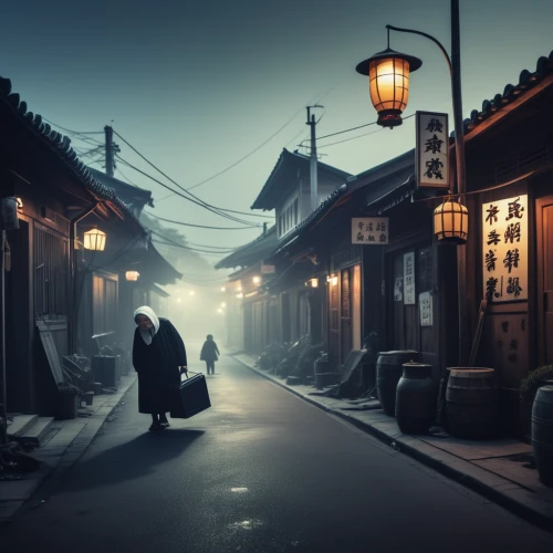 medieval street,korean village snow,night scene,narrow street,alley,world digital painting,alleyway,street lamps,wooden houses,korean folk village,evening atmosphere,street scene,lanterns,old linden alley,monks,the cobbled streets,spa town,lamplighter,street lights,winter village,Photography,General,Fantasy