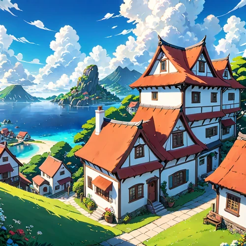 studio ghibli,alpine village,aurora village,house roofs,escher village,popeye village,mountain village,knight village,roof landscape,home landscape,house in mountains,mountain settlement,wooden houses,blocks of houses,swiss house,house in the mountains,houses clipart,roofs,chalets,little house,Anime,Anime,Traditional