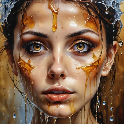 oil painting on canvas,tears bronze,oil painting,golden eyes,mystical portrait of a girl,gold leaf,gold paint stroke,golden rain,fantasy art,art painting,painted lady,woman face,angel's tears,water nymph,oil paint,face portrait,oil on canvas,meticulous painting,deer in tears,wet girl,Illustration,Realistic Fantasy,Realistic Fantasy 10