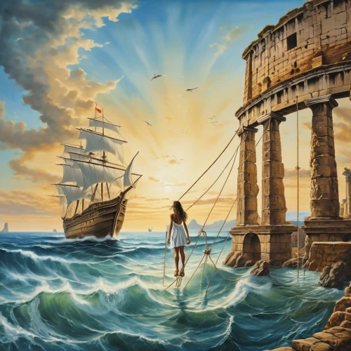 fantasy picture,sea fantasy,fantasy art,greek mythology,sailing ship,sea sailing ship,sail ship,sailing ships,the ancient world,world digital painting,tour to the sirens,east indiaman,hellenistic-era warships,galleon,greek myth,seafaring,temple of poseidon,trireme,galleon ship,celtic woman,Photography,General,Realistic