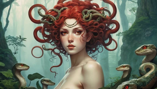 medusa,medusa gorgon,dryad,gorgon,tentacles,merfolk,cnidaria,tendrils,tentacle,the zodiac sign pisces,cephalopod,cephalopods,octopus tentacles,octopus,tendril,forest anemone,sea anemone,red anemones,red anemone,fantasy art,Illustration,Abstract Fantasy,Abstract Fantasy 11