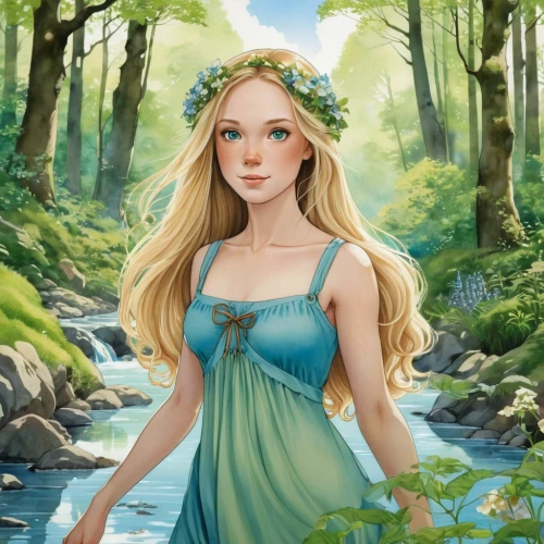 the blonde in the river,faerie,water nymph,elsa,jessamine,fairy tale character,fae,rusalka,celtic woman,fantasy portrait,fairy queen,faery,fantasy picture,rapunzel,elven,dryad,celtic queen,fairy,lilly of the valley,spring crown,Illustration,Abstract Fantasy,Abstract Fantasy 10