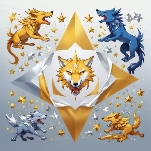 heraldry,heraldic,heraldic animal,crown icons,nine-tailed,ethereum icon,five elements,ethereum logo,animal icons,fairy tale icons,golden crown,the order of the fields,alliance,kitsune,heraldic shield,motifs of blue stars,icon set,crest,life stage icon,zodiac,Illustration,Japanese style,Japanese Style 03