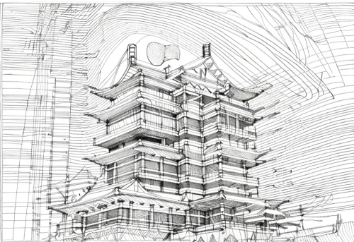 japanese architecture,wireframe,wireframe graphics,asian architecture,house drawing,line drawing,chinese architecture,kirrarchitecture,architect plan,orthographic,technical drawing,archidaily,sheet drawing,frame drawing,to build,pencils,building structure,scaffolding,multi-story structure,to construct,Design Sketch,Design Sketch,None