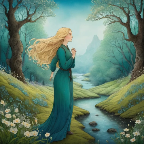 rapunzel,celtic woman,fantasy picture,fantasia,elsa,fantasy portrait,rusalka,cinderella,fairy tale character,fairy tale,girl with tree,elven forest,a fairy tale,fantasy art,jessamine,enchanted,green meadow,girl in a long dress,fairytale,faerie,Illustration,Abstract Fantasy,Abstract Fantasy 19