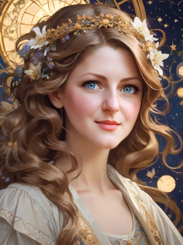 fantasy portrait,mary-gold,celtic woman,mystical portrait of a girl,zodiac sign libra,jessamine,golden crown,fairy tale character,fantasy art,angelica,fairy queen,celtic queen,golden wreath,fairy tale icons,faery,virgo,horoscope libra,faerie,golden haired,baroque angel,Photography,Natural