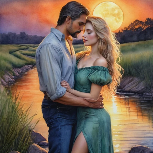 romantic portrait,romantic scene,romance novel,the blonde in the river,fantasy picture,shepherd romance,loving couple sunrise,beautiful couple,idyll,amorous,country-western dance,young couple,fantasy art,romantic look,love in the mist,dancing couple,ballroom dance,latin dance,oil painting on canvas,honeymoon,Illustration,Realistic Fantasy,Realistic Fantasy 30