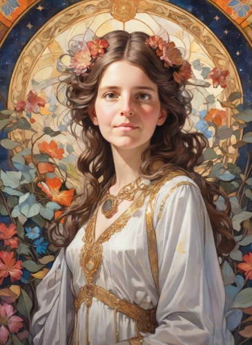 mucha,cepora judith,baroque angel,fantasy portrait,joan of arc,art nouveau,kahila garland-lily,mary-gold,vanessa (butterfly),girl in a wreath,portrait of a girl,mystical portrait of a girl,artemisia,girl in a historic way,the prophet mary,jessamine,aubrietien,portrait background,flower crown of christ,princess leia,Digital Art,Impressionism