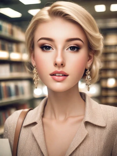 librarian,realdoll,women's cosmetics,blonde woman,bookstore,book store,girl studying,retouching,library book,vintage makeup,blonde girl,female model,artificial hair integrations,women's eyes,natural cosmetic,doll's facial features,blond girl,publish a book online,visual effect lighting,female beauty,Photography,Natural