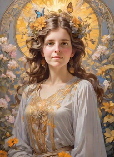 mucha,baroque angel,fantasy portrait,vanessa (butterfly),mystical portrait of a girl,julia butterfly,the angel with the veronica veil,joan of arc,angel moroni,gatekeeper (butterfly),mary-gold,art nouveau,angel,girl in a wreath,emile vernon,flower fairy,cepora judith,fairy queen,monarch,vanessa cardui
