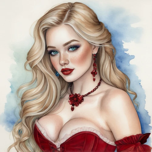 fantasy portrait,lady in red,valentine pin up,elsa,fantasy art,queen of hearts,red rose,red gown,romantic portrait,fashion illustration,digital painting,watercolor pin up,custom portrait,zodiac sign leo,vampire lady,valentine day's pin up,diamond red,world digital painting,vampire woman,rose flower illustration