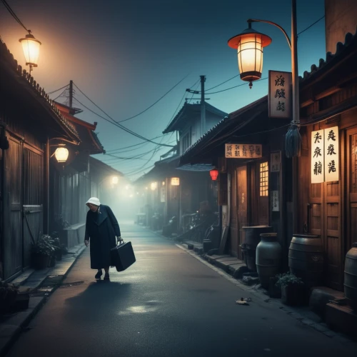 alleyway,narrow street,alley,old linden alley,medieval street,night scene,lamplighter,blind alley,evening atmosphere,street scene,game art,light of night,the mystical path,world digital painting,atmospheric,gas lamp,tsukemono,kyoto,lanterns,scythe,Photography,General,Fantasy