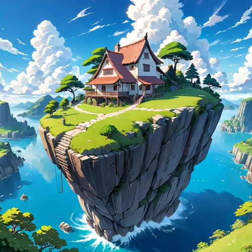 flying island,floating island,meteora,studio ghibli,mushroom island,home landscape,house in mountains,fantasy landscape,mountain world,floating islands,mountain settlement,an island far away landscape,monkey island,hot-air-balloon-valley-sky,fantasy world,house with lake,house in the mountains,3d fantasy,mountain village,popeye village,Anime,Anime,Realistic