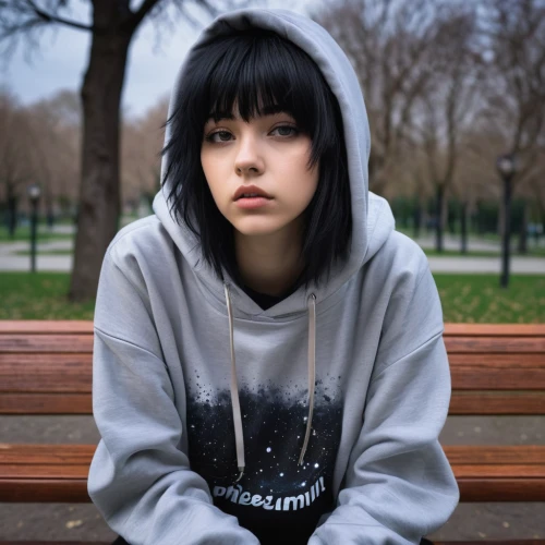 sweatshirt,hoodie,isolated t-shirt,girl in t-shirt,depressed woman,long-sleeved t-shirt,girl in a long,girl portrait,worried girl,eskimo,city ​​portrait,puma,girl sitting,sad girl,portrait of a girl,parka,asian girl,melancholy,young woman,asymmetric cut,Photography,Fashion Photography,Fashion Photography 10