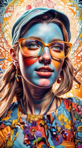psychedelic art,kaleidoscope art,boho art,painting technique,girl with cereal bowl,illustrator,digiart,mystical portrait of a girl,neon body painting,kaleidoscope website,meticulous painting,chalk drawing,oil painting on canvas,art painting,color glasses,world digital painting,woman thinking,blotter,multicolor faces,colourful pencils