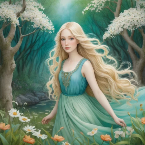 fantasy portrait,rapunzel,fairy tale character,fantasy picture,faerie,rosa 'the fairy,fairy queen,faery,fantasy art,fae,girl in flowers,elsa,rusalka,fantasia,celtic woman,elven flower,elven forest,springtime background,fairy forest,lilly of the valley,Illustration,Abstract Fantasy,Abstract Fantasy 06