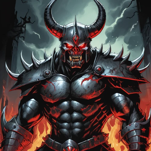 warlord,diablo,death god,devil,spawn,greyskull,minotaur,black warrior,god of thunder,black dragon,heroic fantasy,fire devil,fantasy warrior,hot metal,horned,daemon,the devil,massively multiplayer online role-playing game,devil wall,butomus,Illustration,American Style,American Style 13