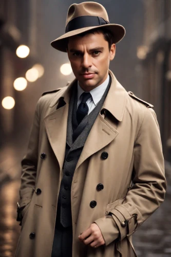 overcoat,detective,trench coat,sherlock holmes,private investigator,frock coat,inspector,al capone,white-collar worker,holmes,hatter,brown hat,fedora,men hat,men clothes,trilby,long coat,flat cap,smooth criminal,investigator,Photography,Cinematic