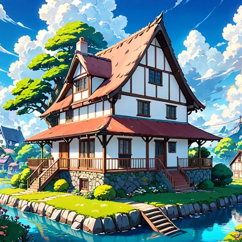 house by the water,studio ghibli,house with lake,summer cottage,wooden house,little house,fisherman's house,cottage,small house,home landscape,traditional house,lonely house,wooden houses,half-timbered house,roof landscape,beautiful home,house in the mountains,crooked house,house in mountains,house in the forest,Anime,Anime,Traditional