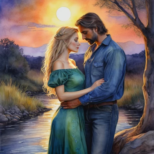 romantic portrait,romantic scene,shepherd romance,fantasy picture,the blonde in the river,romance novel,young couple,country-western dance,beautiful couple,landscape background,oil painting on canvas,idyll,serenade,oil painting,loving couple sunrise,romantic look,fantasy art,blue moon rose,land love,love in the mist,Illustration,Realistic Fantasy,Realistic Fantasy 30