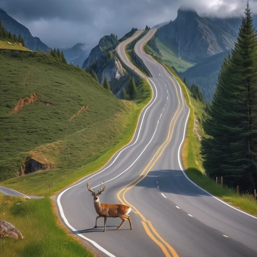 mountain highway,deer illustration,wild animals crossing,mountain road,deer drawing,steep mountain pass,alpine route,mountain pass,deers,landscape background,elk,open road,long road,winding roads,deer,winding road,deer-with-fawn,world digital painting,elk reposing on lateral moraine,alpine drive,Photography,General,Realistic