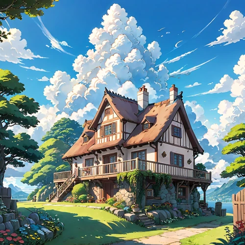 studio ghibli,summer cottage,little house,cottage,house in the mountains,house in mountains,home landscape,house with lake,house in the forest,house by the water,wooden house,aurora village,roof landscape,wooden houses,lonely house,witch's house,knight village,alpine village,fisherman's house,country estate,Anime,Anime,Traditional