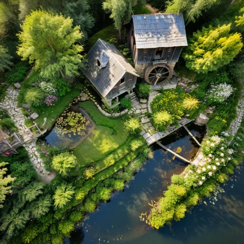 summer cottage,water mill,house with lake,aerial landscape,gristmill,tree house,floating huts,hobbiton,house in the forest,tree house hotel,home landscape,house by the water,bird's-eye view,cottage,escher village,idyllic,moated,idyll,old mill,treehouse,Photography,General,Natural