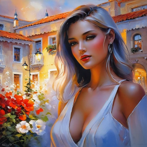 romantic portrait,fantasy art,italian painter,art painting,fantasy picture,oil painting on canvas,fantasy portrait,romantic look,oil painting,splendor of flowers,romantic rose,beautiful girl with flowers,world digital painting,blonde woman,mystical portrait of a girl,jasmine,a beautiful jasmine,photo painting,scent of jasmine,blond girl,Conceptual Art,Oil color,Oil Color 03
