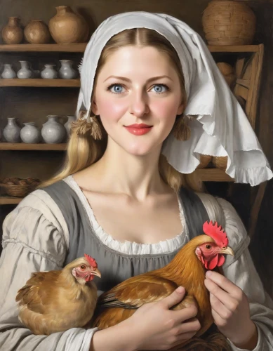 woman holding pie,girl with bread-and-butter,milkmaid,portrait of a hen,cockerel,domestic chicken,girl in the kitchen,bornholmer margeriten,woman eating apple,hen,the hen,poultry,girl in a historic way,pilgrim,pullet,white hen sussex,mother hen,chicken farm,polish chicken,vintage female portrait