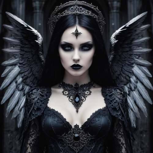 dark angel,black angel,gothic woman,angel of death,gothic fashion,gothic style,gothic portrait,archangel,gothic,the archangel,dark gothic mood,fallen angel,black raven,queen of the night,goth woman,priestess,angels of the apocalypse,dark elf,mourning swan,death angel,Illustration,Realistic Fantasy,Realistic Fantasy 46