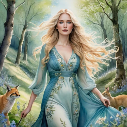 fantasy picture,fantasy portrait,fantasy art,celtic woman,fantasy woman,faerie,zodiac sign leo,celtic queen,the enchantress,fairy tale character,the blonde in the river,faery,fairy queen,dryad,woodland animals,elven forest,sorceress,zodiac sign libra,fantasy girl,elven,Illustration,Realistic Fantasy,Realistic Fantasy 16