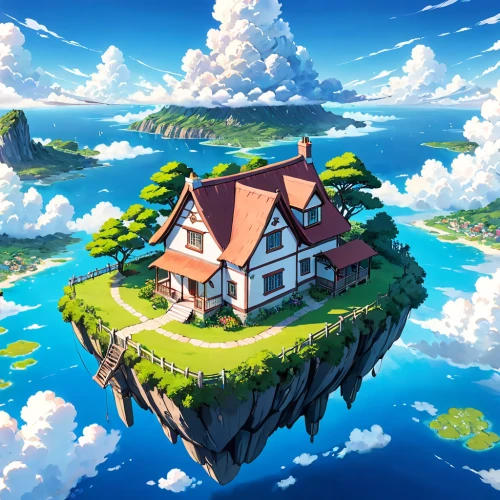 studio ghibli,house with lake,flying island,floating island,sky apartment,little house,lonely house,home landscape,house in mountains,house by the water,roof landscape,small house,house in the mountains,delight island,peninsula,mushroom island,island suspended,meteora,aurora village,archipelago,Anime,Anime,Traditional