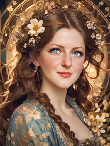 fantasy portrait,mystical portrait of a girl,girl in a wreath,emile vernon,romantic portrait,golden wreath,faery,mary-gold,portrait of a girl,fae,cinderella,victorian lady,beautiful girl with flowers,fairy tale character,celtic woman,girl in flowers,fantasy art,faerie,rapunzel,princess anna,Photography,Natural