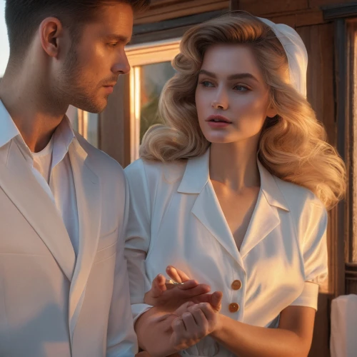 white coat,vintage man and woman,white clothing,menswear for women,nurse uniform,gardenia,bolero jacket,white silk,cufflink,vintage fashion,bridal clothing,editorial,romantic look,pomade,retouching,dress shirt,tailor,dry cleaning,vintage boy and girl,laundress,Photography,General,Natural