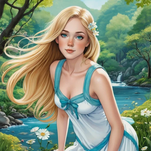 the blonde in the river,fairy tale character,elsa,jessamine,lilly of the valley,rapunzel,girl on the river,fantasy portrait,faerie,fairy queen,princess sofia,springtime background,fairy world,princess anna,water nymph,rusalka,fairytale characters,mermaid background,fairy,children's fairy tale,Illustration,Abstract Fantasy,Abstract Fantasy 10