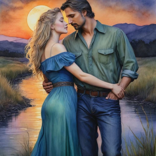 romantic portrait,shepherd romance,romance novel,romantic scene,country-western dance,idyll,young couple,the blonde in the river,southern belle,loving couple sunrise,romantic look,oil painting on canvas,beautiful couple,honeymoon,fantasy picture,oil painting,amorous,serenade,land love,landscape background,Illustration,Realistic Fantasy,Realistic Fantasy 30