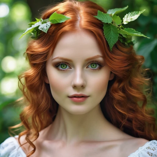 celtic woman,faery,faerie,green wreath,redheads,poison ivy,redhead doll,celtic queen,red-haired,fae,spring crown,romantic portrait,fairy queen,natural cosmetics,dryad,girl in a wreath,mystical portrait of a girl,natural cosmetic,red head,redhead,Photography,General,Realistic