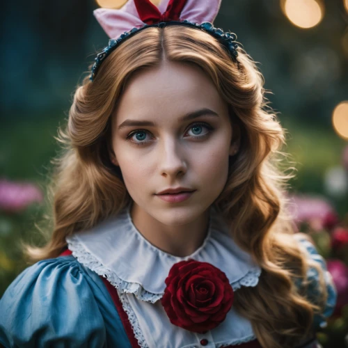 alice in wonderland,cinderella,alice,tudor,victorian lady,portrait of a girl,fairy tale character,lily-rose melody depp,wonderland,mystical portrait of a girl,girl in flowers,beautiful girl with flowers,porcelain doll,disney rose,queen of hearts,jessamine,girl portrait,princess sofia,young woman,romantic portrait,Photography,General,Cinematic