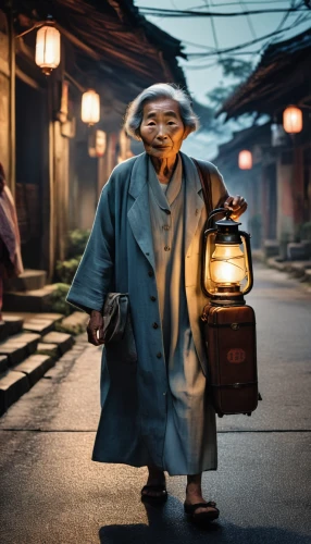 pollution mask,buddhist monk,illuminated lantern,japanese lantern,old woman,elderly lady,japanese woman,asian lamp,choi kwang-do,daruma,yakitori,kyoto,japanese lamp,korean culture,waste collector,pensioner,izakaya,monk,bukchon,elderly man,Photography,General,Realistic