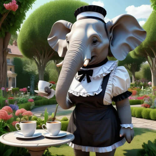 girl elephant,circus elephant,tea party,waitress,tea party collection,waiter,housekeeping,housekeeper,gardenia,tea time,elephant,teacups,teacup,tea cup fella,pachyderm,elephant's child,maid,alice in wonderland,elephant kid,a cup of tea