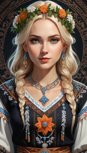 russian folk style,jessamine,celtic queen,fantasy portrait,eurasian,elven flower,fairy tale character,elsa,eufiliya,germanic tribes,miss circassian,elven,nordic,portrait background,artemisia,rapunzel,folklore,merida,folk costume,zodiac sign libra,Unique,3D,Isometric